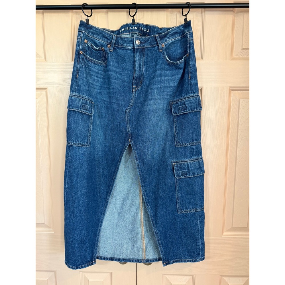 American Eagle Denim Cargo Maxi Skirt Size 14 Long Blue Utility Front Slit